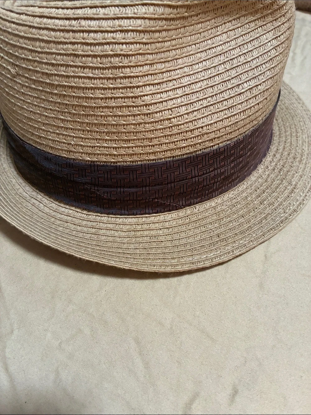 Tan Straw Fedora Hat with Dark Brown Band